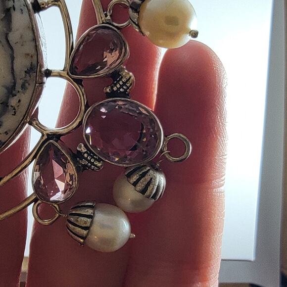 Dendritic Opal Pink Gemstone Pearl Pendant 3" Sterling Silver Jewelry - Picture 3 of 9